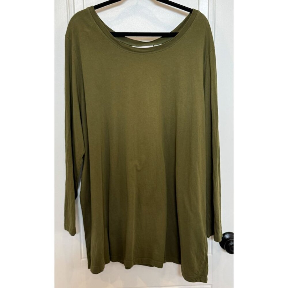 Roaman's Olive 100% Cotton Long-Sleeve T-Shirt EUC Casual Basic Scoop Neck